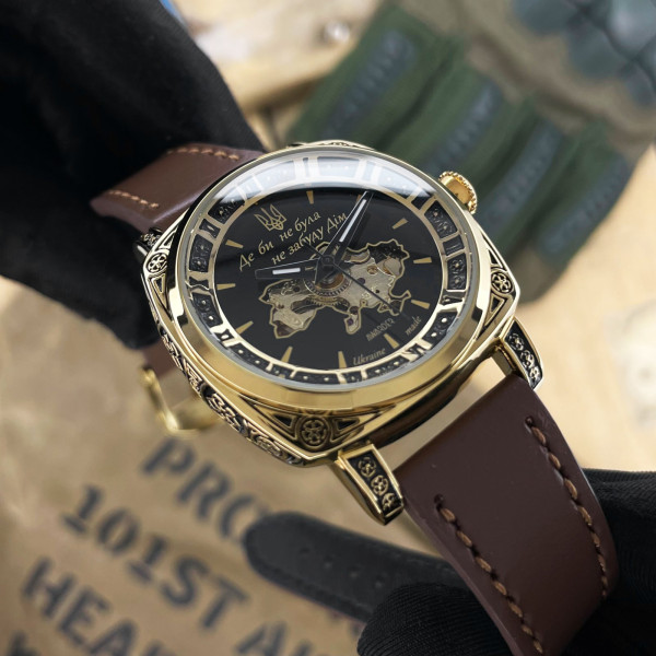 Женские механические часы Awarder 021 Де би не була Gold-Black-Brown с кожаным ремешком