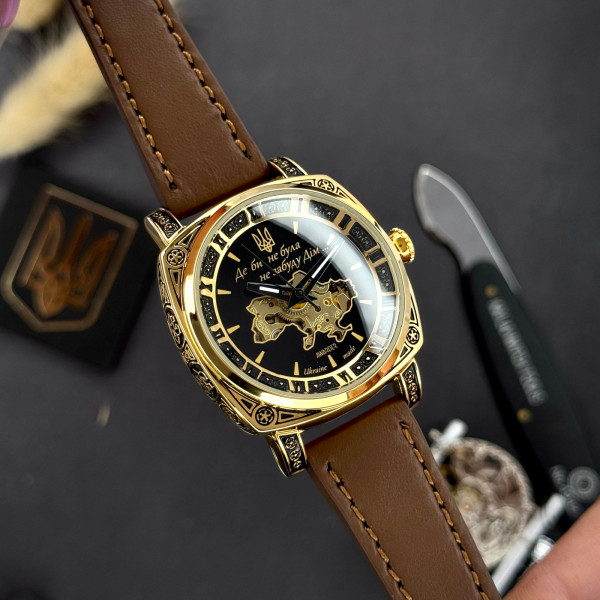 Женские механические часы Awarder 021 Де би не була Gold-Black-Brown с кожаным ремешком