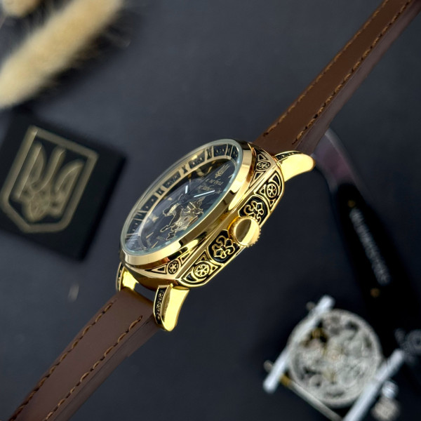Женские механические часы Awarder 021 Де би не була Gold-Black-Brown с кожаным ремешком