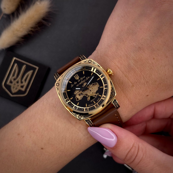 Женские механические часы Awarder 021 Де би не була Gold-Black-Brown с кожаным ремешком