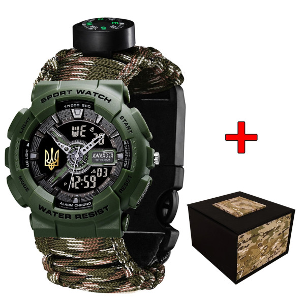 Спортивные часы Awarder 005P с трезубцем и паракордом 5 ATM Army Green