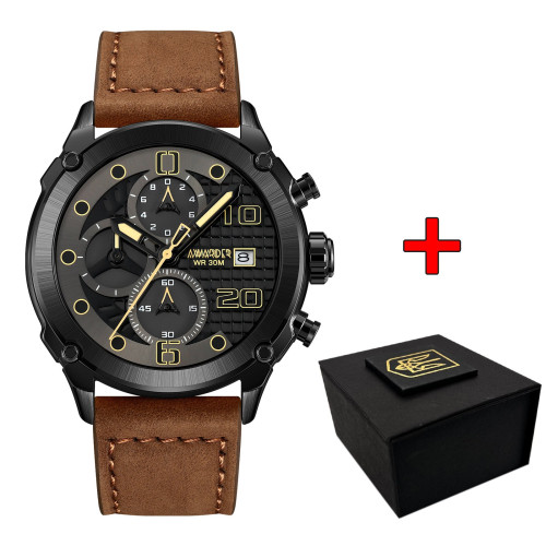 Мужские патриотические часы Awarder 016 Black-Brown со кожаным корешком