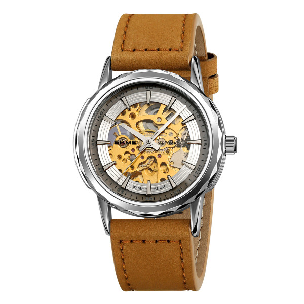 Мужские механические часы Skmei M035LSILTBN Silver-Light Brown Leather