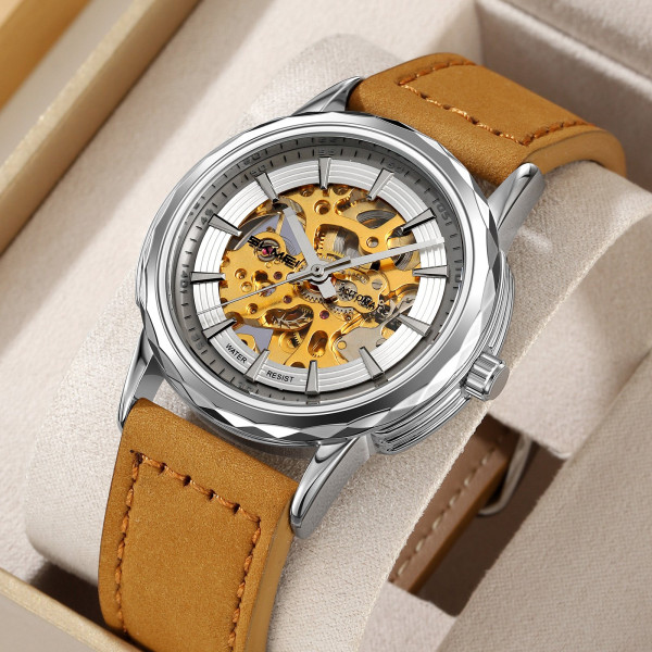 Мужские механические часы Skmei M035LSILTBN Silver-Light Brown Leather