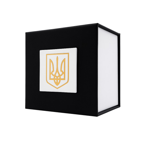 Подарункова картонна коробочка для годинника чорно-біла з тризубом золото