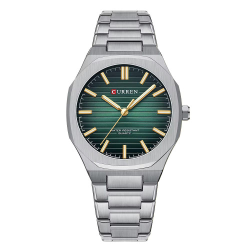Чоловічий кварцовий годинник Curren 8456 Silver-Green зі сталевим браслетом