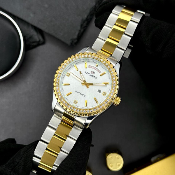 Мужские механические часы Forsining 6919 Silver-Gold-White Steel