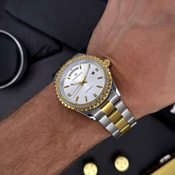 Мужские механические часы Forsining 6919 Silver-Gold-White Steel