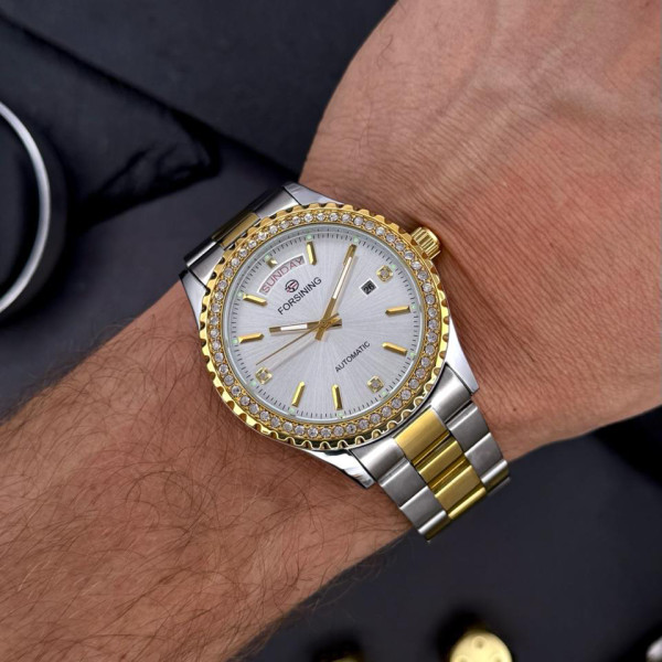 Мужские механические часы Forsining 6919 Silver-Gold-White Steel
