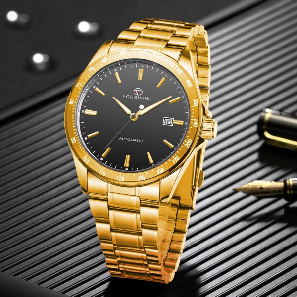 Чоловічий механічний годинник Forsining 8294 Gold-Black Steel з автопідзаводом