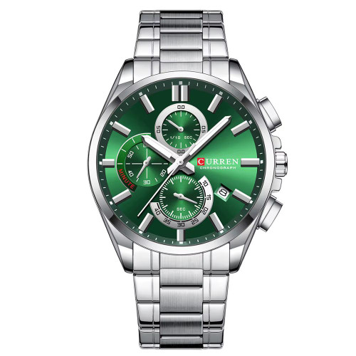 Мужские кварцевые часы Curren 8475 Silver-Green со стальным браслетом