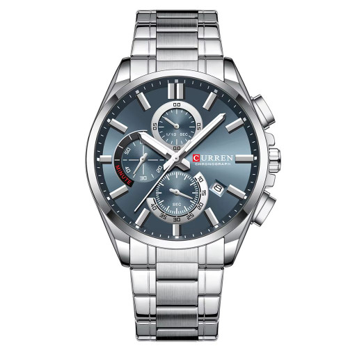 Чоловічий кварцовий годинник Curren 8475 Silver-Blue зі сталевим браслетом