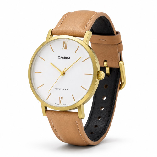Женские часы Casio LTP-VT01GL-7B с бежевым кожаным ремешком