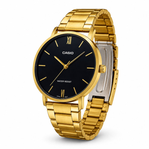 Мужские часы Casio MTP-VT01G-1B кварцевые золотистые с черным циферблатом