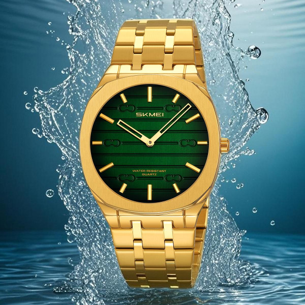 Мужские кварцевые часы Skmei 9372GDGN Gold-Green с металлическим браслетом
