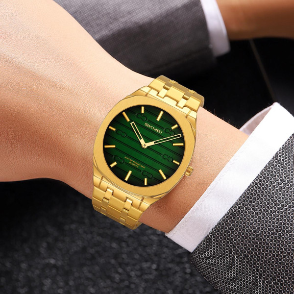 Мужские кварцевые часы Skmei 9372GDGN Gold-Green с металлическим браслетом