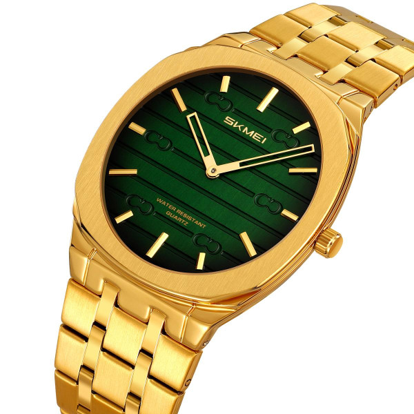 Мужские кварцевые часы Skmei 9372GDGN Gold-Green с металлическим браслетом