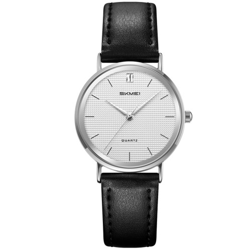 Жіночий годинник Skmei 2568SISI All Silver з чорним шкіряним ремінцем