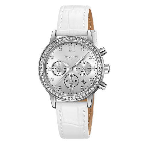 Женские часы Skmei 9384WT White с кожаным корешком