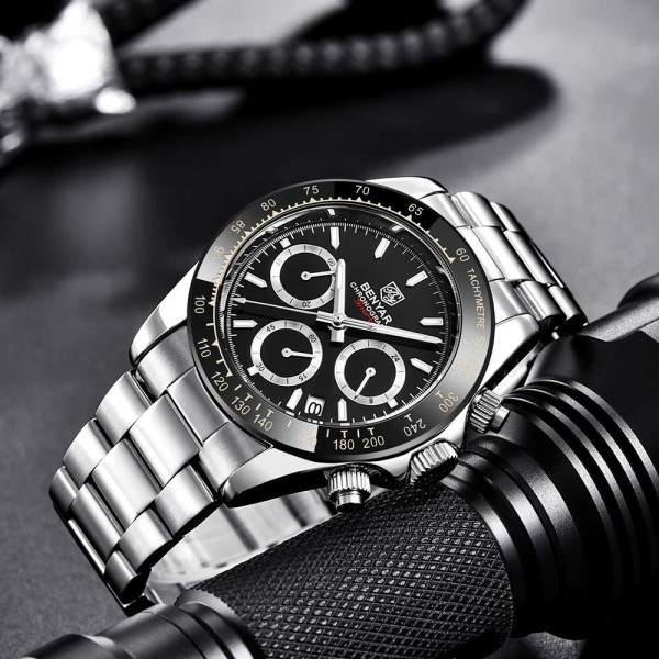 Мужские часы Benyar BY-5169 Silver-Black кварцевый хронограф