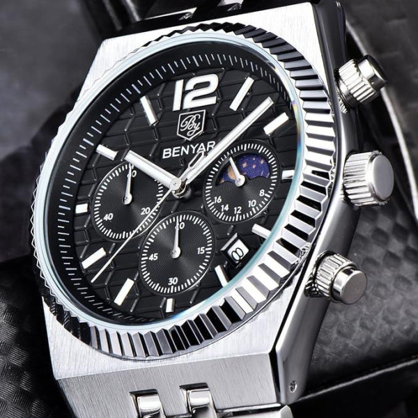 Чоловічий кварцовий годинник Benyar BY-5225 Silver-Black зі сталі