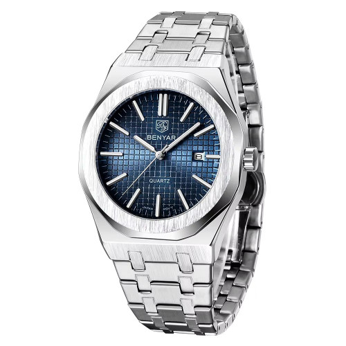Чоловічий годинник Benyar BY-5156 Silver-Blue сталевий кварцовий