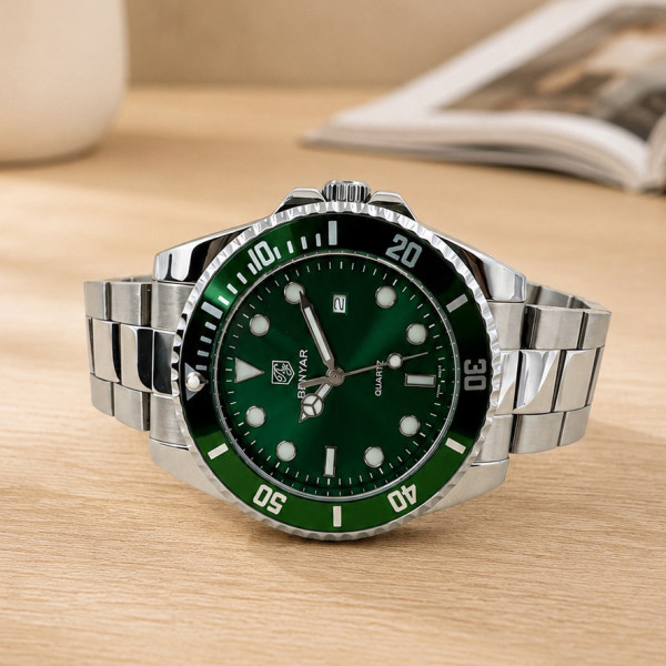 Мужские часы Benyar BY-5223 Silver-Green со стальным браслетом