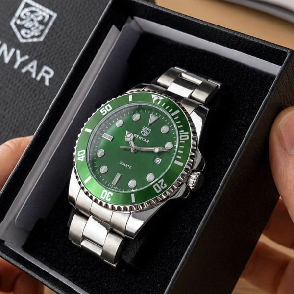 Мужские часы Benyar BY-5223 Silver-Green со стальным браслетом