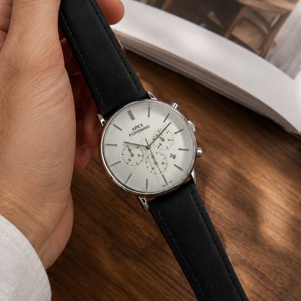 Чоловічий годинник Forsining 8312 Black-Silver-White з хронографом та шкіряним ремінцем