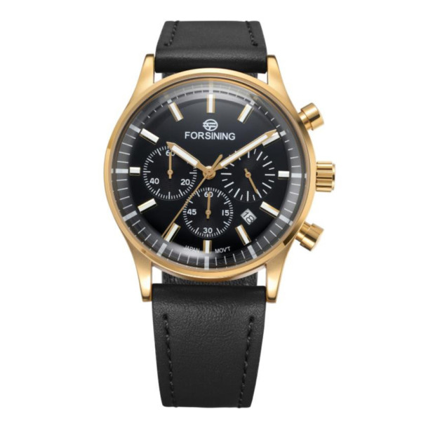 Мужские часы Forsining 8311 Black-Gold кварцевые с кожаным ремешком