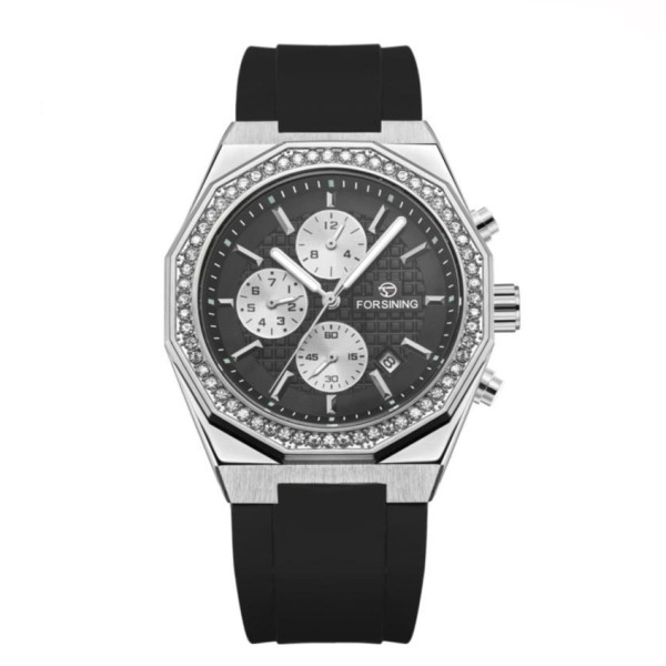 Механические часы Forsining 8314 Black-Silver с автоподзаводом и силиконовым корешком