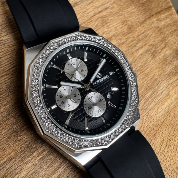 Механические часы Forsining 8314 Black-Silver с автоподзаводом и силиконовым корешком