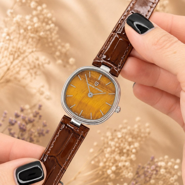 Жіночий годинник Pagani Design PD-1825 Silver-Brown Leather сапфірове скло 5 ATM
