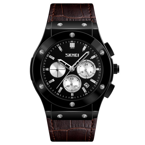 Мужские часы Skmei 9157BN Brown с хронографом и кожаным ремешком