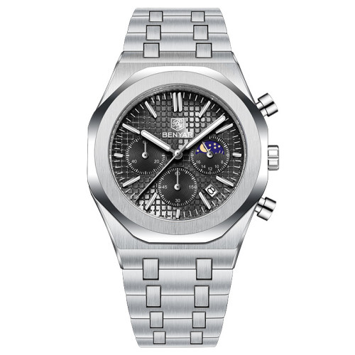 Мужские часы Benyar BY-5228M Silver-Black с хронографом и люминесценцией