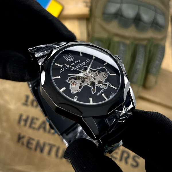 Чоловічий годинник Класичний годинник Awarder 024 Не Забуду Black Steel Automatics з Індивідуальним дизайном, сталевий ремінець