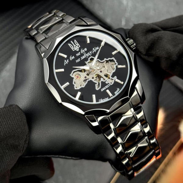 Чоловічий годинник Класичний годинник Awarder 024 Не Забуду Black Steel Automatics з Індивідуальним дизайном, сталевий ремінець