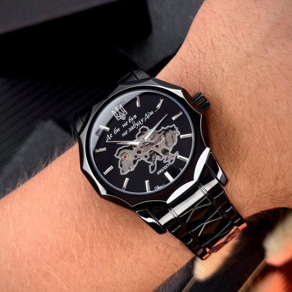 Чоловічий годинник Класичний годинник Awarder 024 Не Забуду Black Steel Automatics з Індивідуальним дизайном, сталевий ремінець