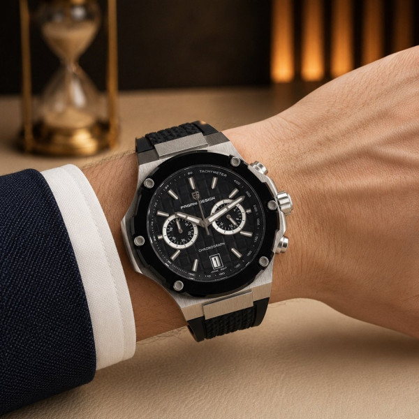 Чоловічий годинник Pagani Design PD-YS032 Silver-Black-Black Rubber на каучуковому ремінці