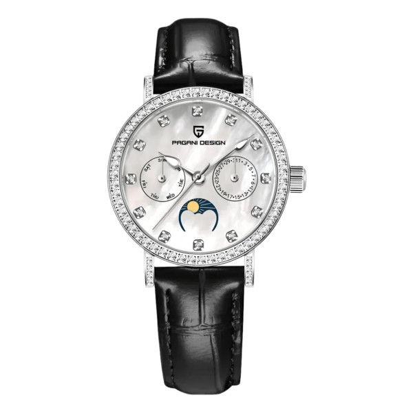Жіночий годинник Pagani Design PD-1789 Silver-White-Black Leather з сапфіровим склом та фазами Місяця