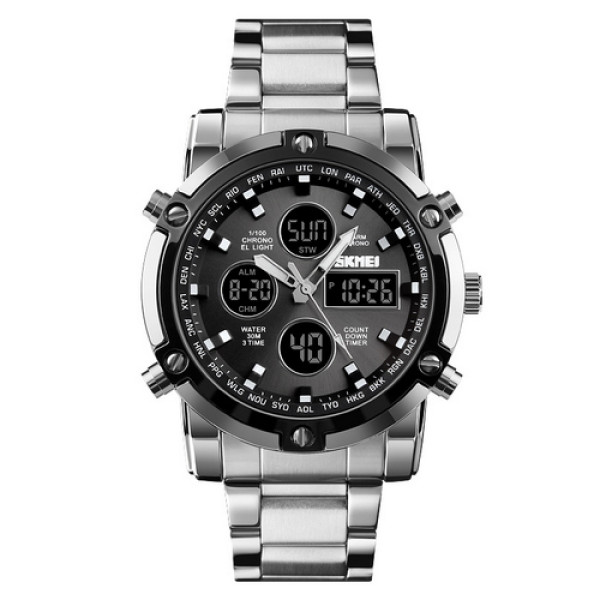Чоловічий годинник Skmei 1389SIBK Silver-Black-Black зі стрілково-електронним циферблатом та підсвічуванням