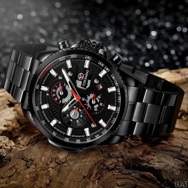 Чоловічий механічний годинник Forsining 6909 All Black-Red з календарем