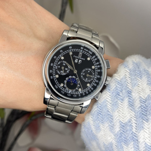 Жіночий годинник Forsining 6918 Silver-Black, механіка з автопідзаводом