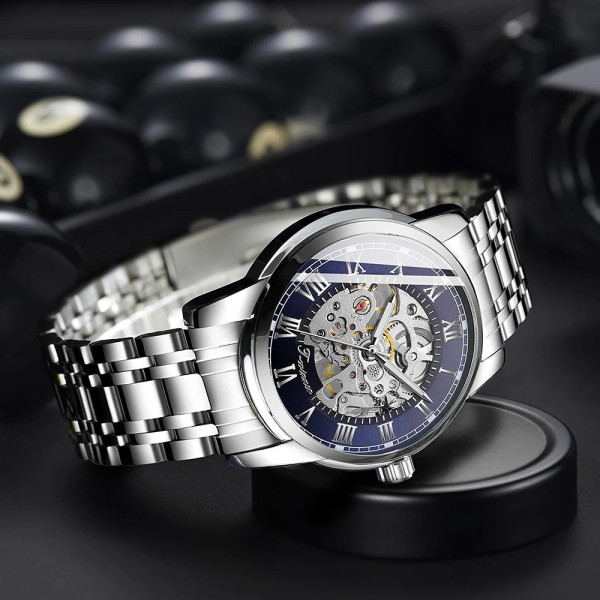 Мужские механические часы Winner 8250 Silver-Blue с металлическим браслетом