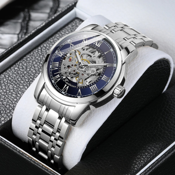 Мужские механические часы Winner 8250 Silver-Blue с металлическим браслетом