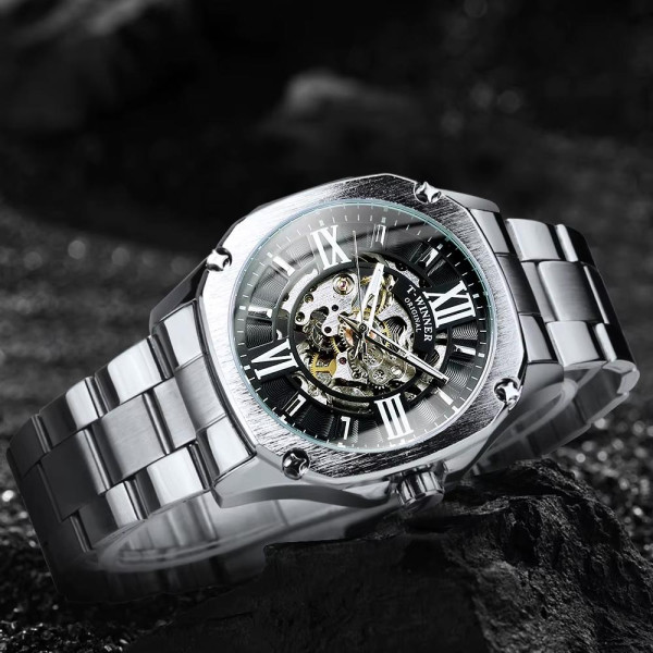 Мужские механические часы Winner 8184 Silver-Black Steel с автоподзаводом