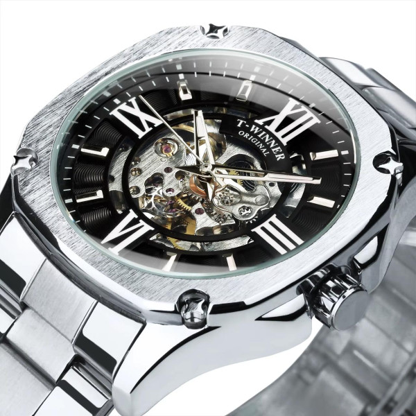 Мужские механические часы Winner 8184 Silver-Black Steel с автоподзаводом