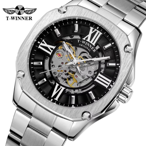 Мужские механические часы Winner 8184 Silver-Black Steel с автоподзаводом