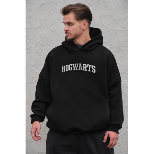 Чоловіче оверсайз худі толстовка на флісі з капюшоном та принтом Without Hogwarts Black