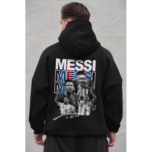 Чоловіче оверсайз худі толстовка на флісі з капюшоном та принтом Without Messi Black